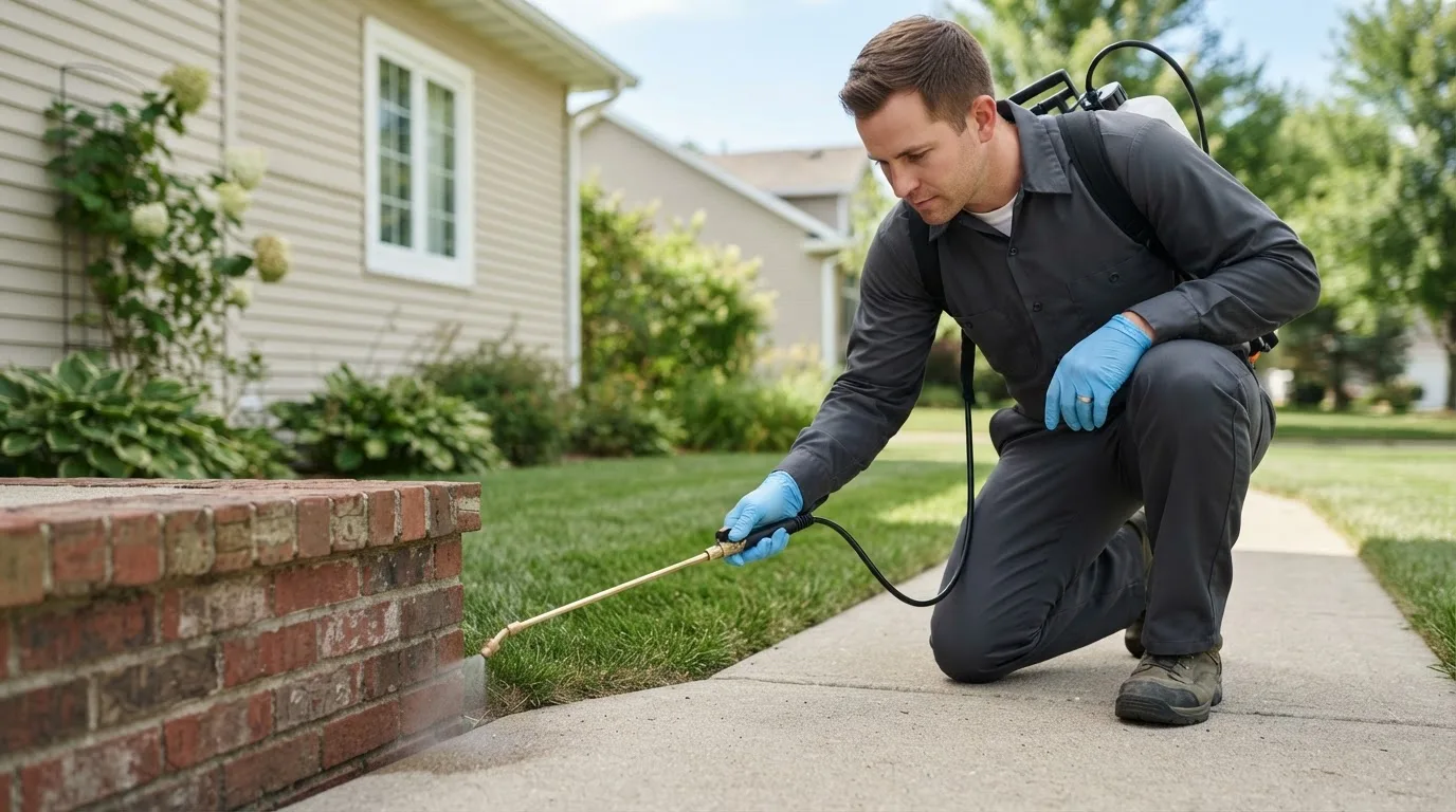 Pest control technician treating a home near Racine, MN